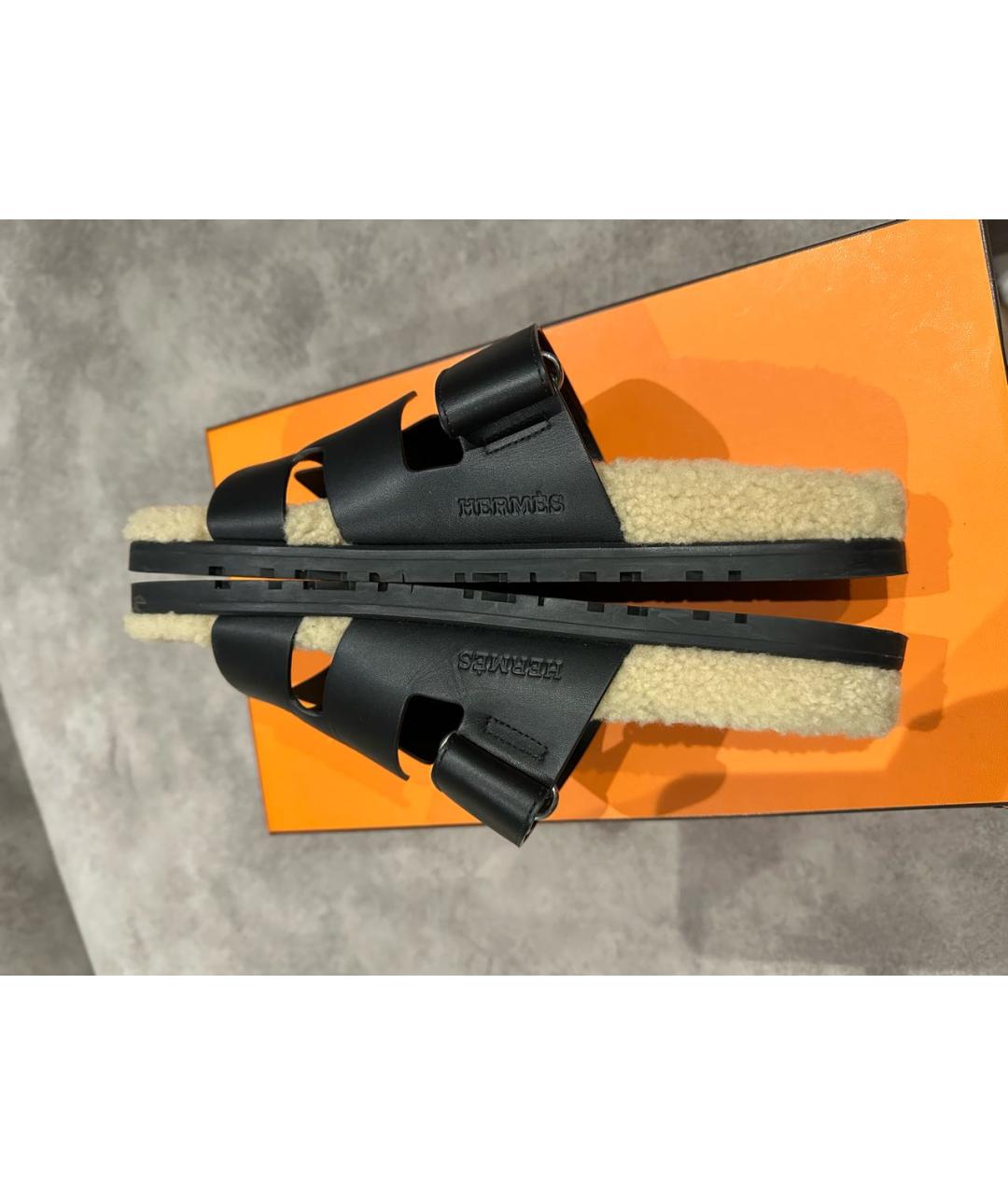 HERMES Черные кожаные шлепанцы, фото 7