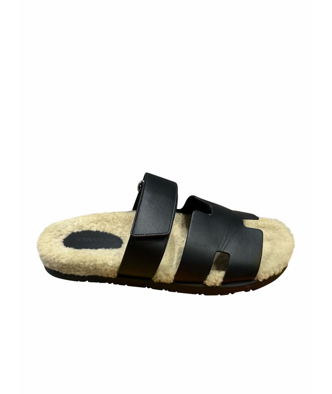 HERMES Черные кожаные шлепанцы, фото 1