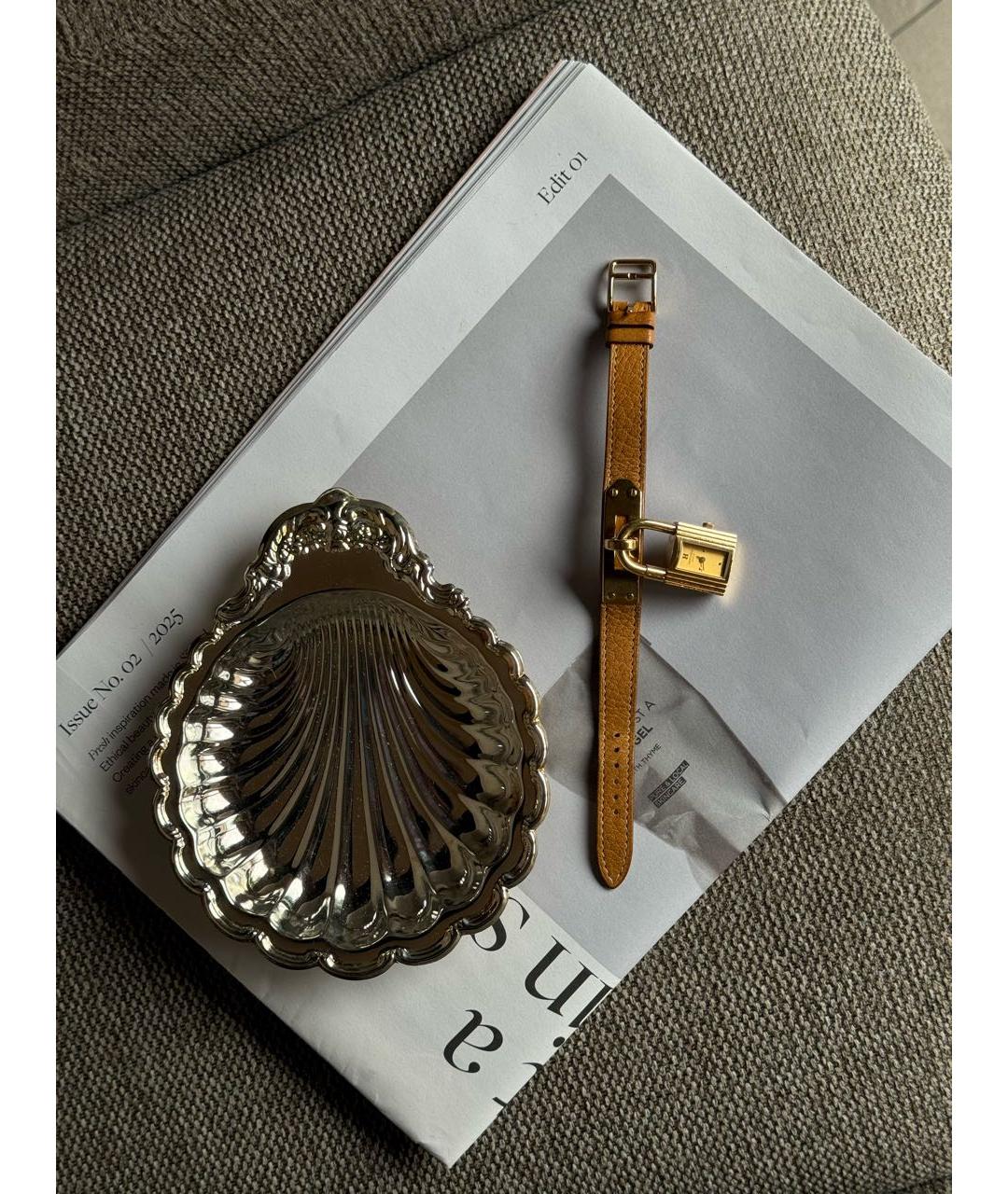 HERMES Коричневые позолоченные часы, фото 5