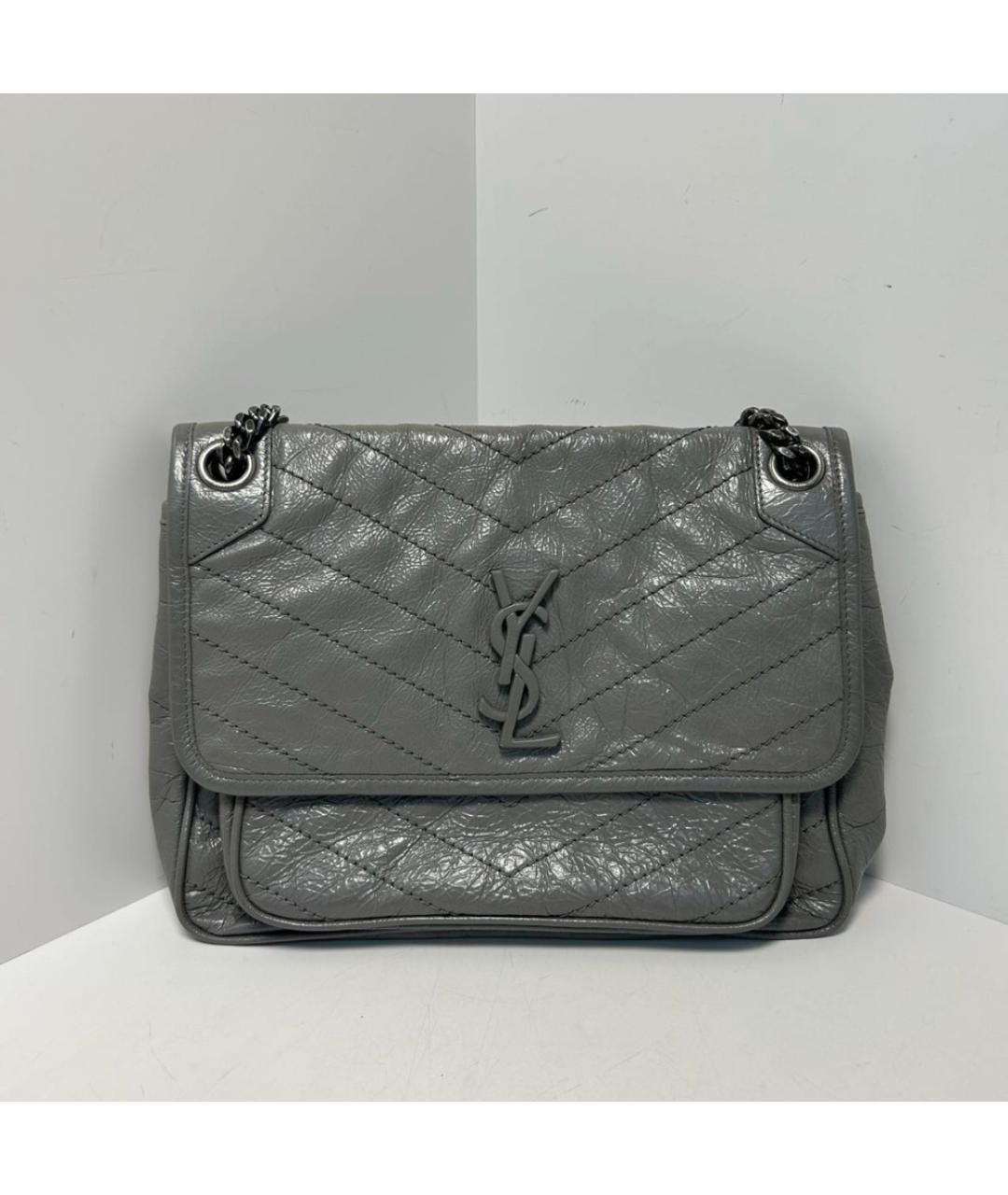 SAINT LAURENT Серая кожаная сумка через плечо, фото 9