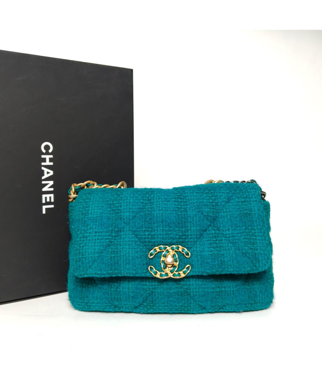 CHANEL Бирюзовая твидовая сумка через плечо, фото 9