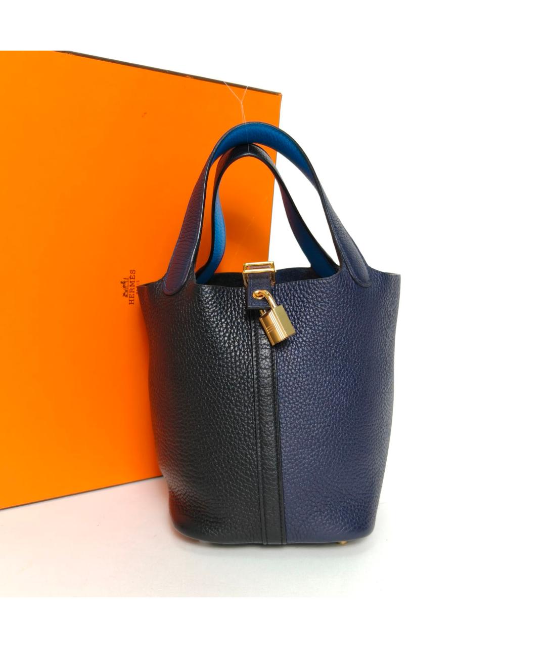 HERMES Темно-синяя кожаная сумка с короткими ручками, фото 9