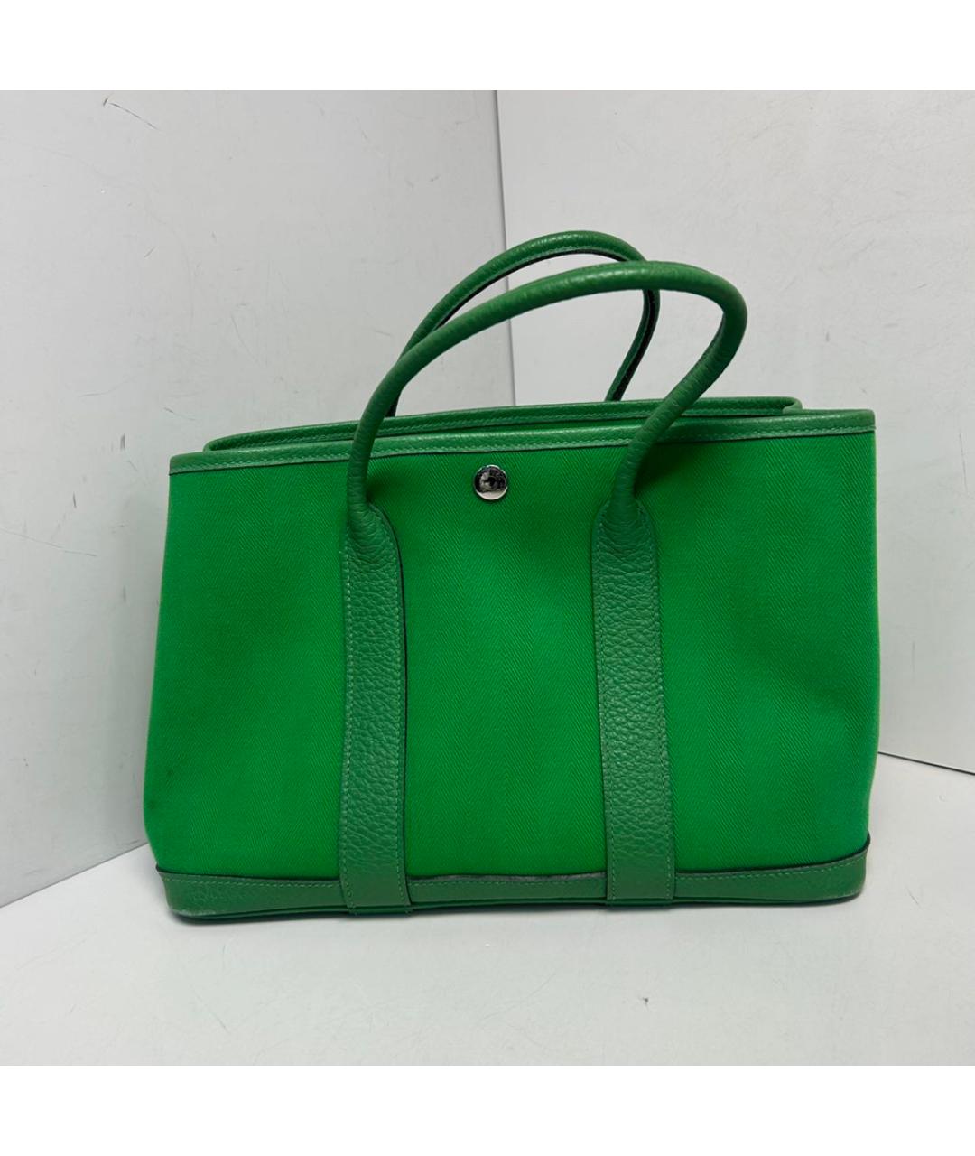 HERMES Салатовая тканевая сумка с короткими ручками, фото 9