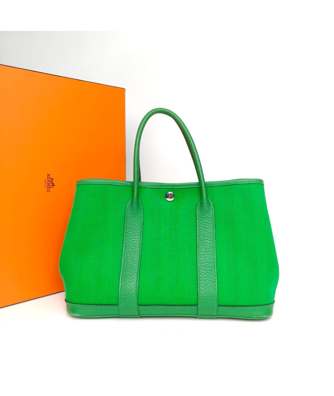 HERMES Салатовая тканевая сумка с короткими ручками, фото 8