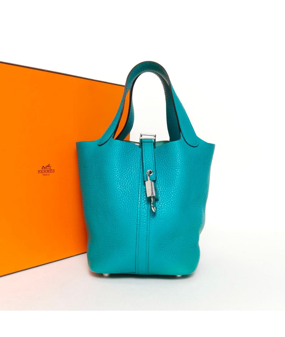 HERMES Голубая кожаная сумка с короткими ручками, фото 8