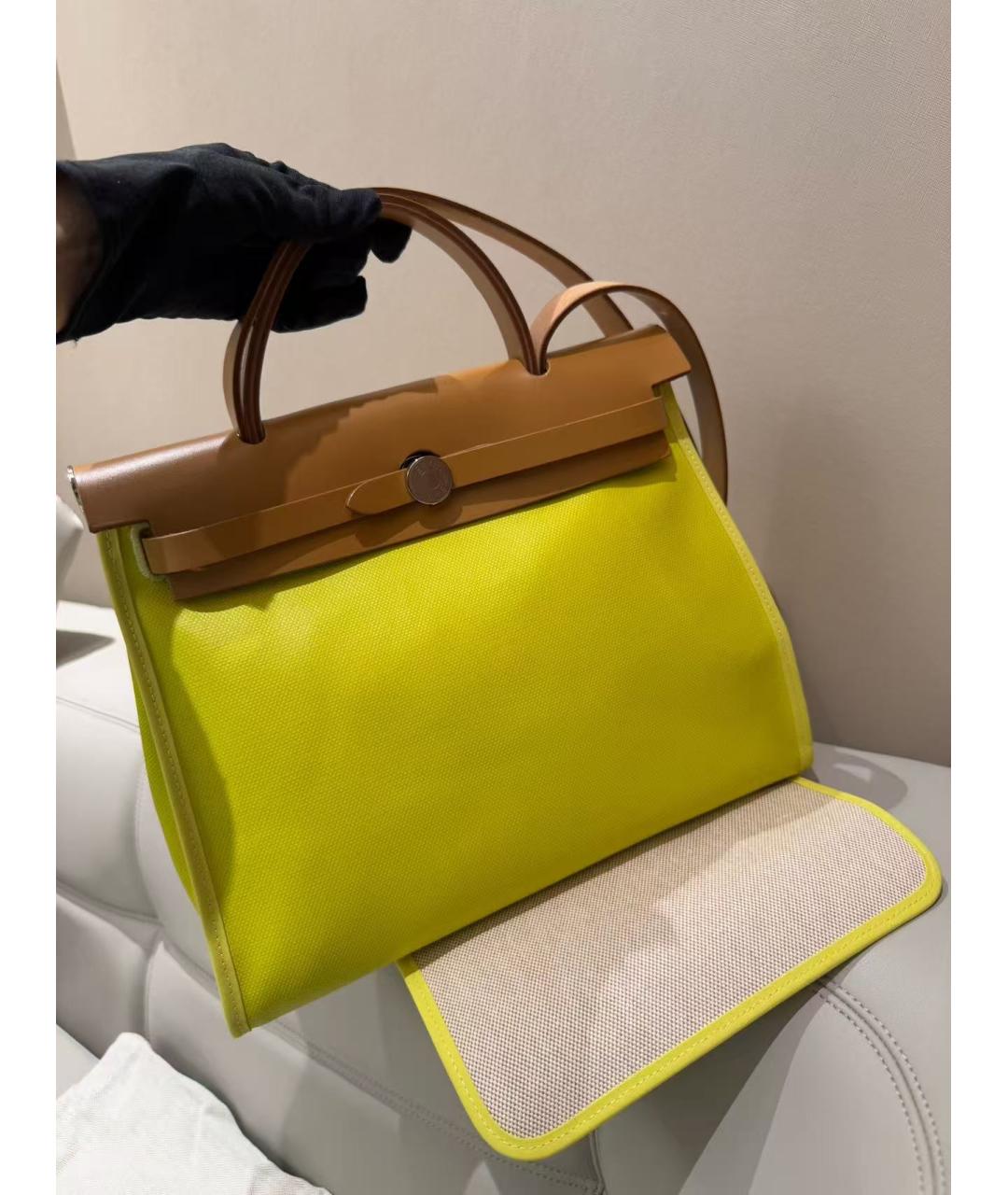 HERMES Желтая тканевая сумка с короткими ручками, фото 5