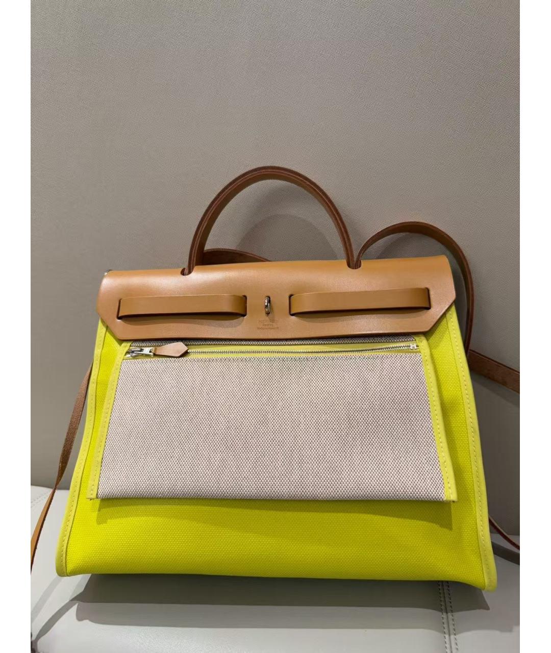 HERMES Желтая тканевая сумка с короткими ручками, фото 3