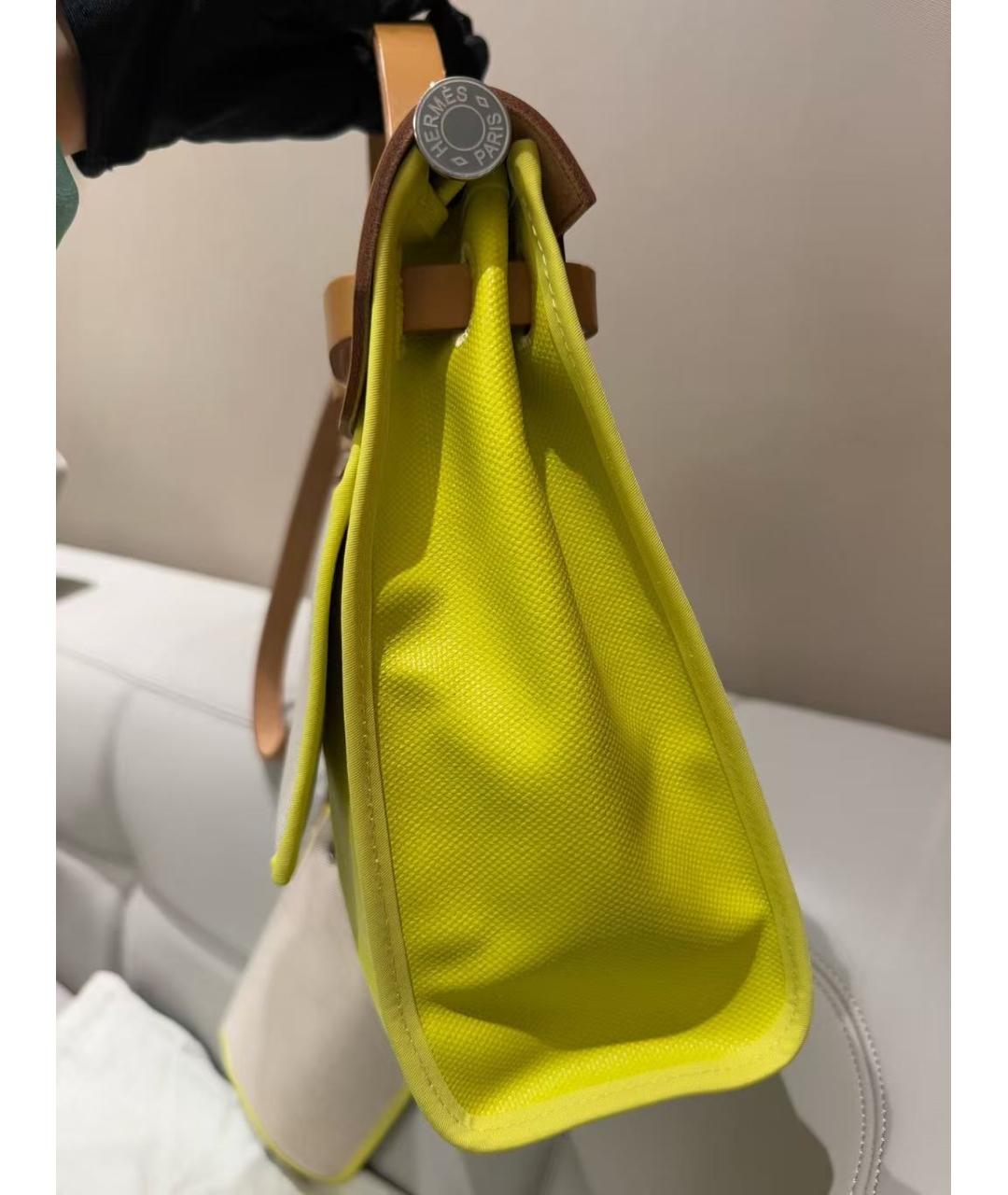 HERMES Желтая тканевая сумка с короткими ручками, фото 4