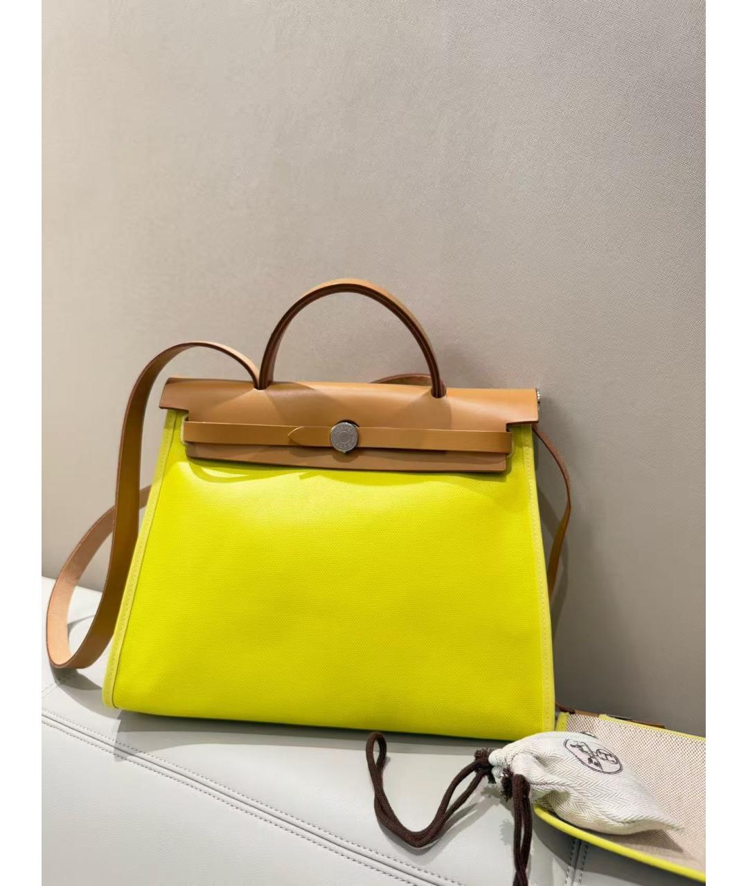 HERMES Желтая тканевая сумка с короткими ручками, фото 6