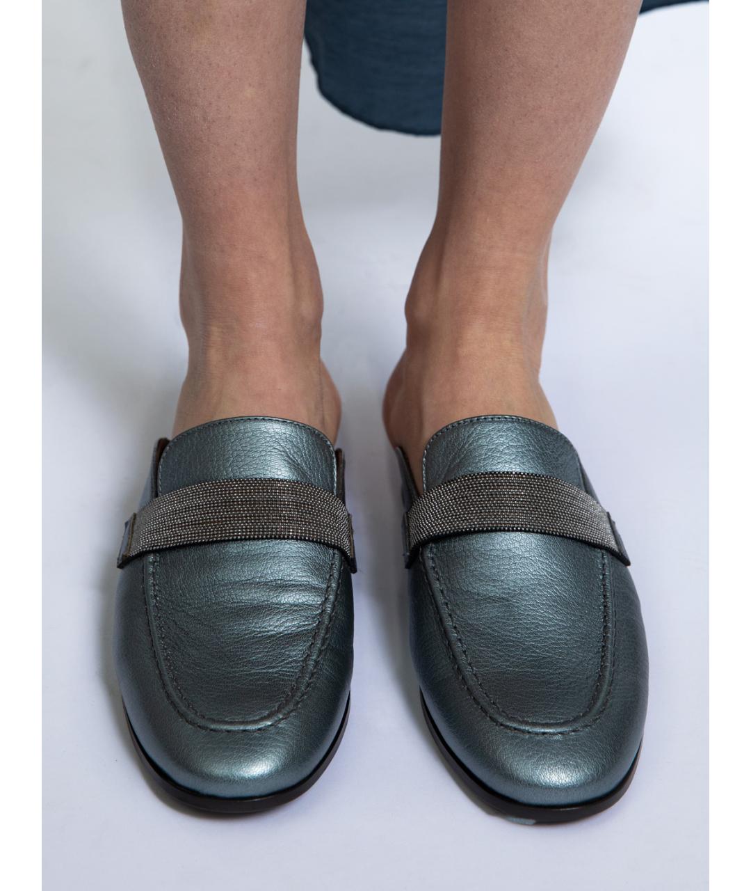 BRUNELLO CUCINELLI Серебряные кожаные шлепанцы, фото 4