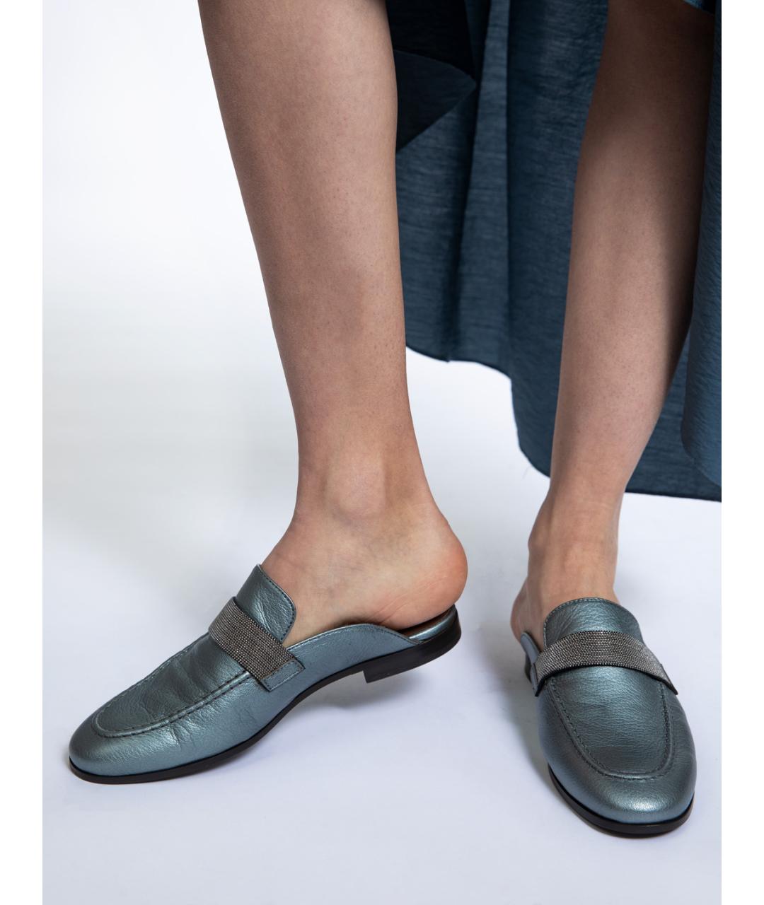 BRUNELLO CUCINELLI Серебряные кожаные шлепанцы, фото 5