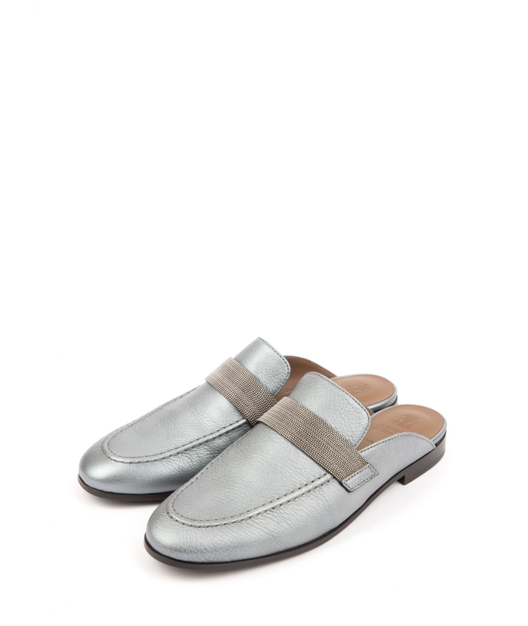 BRUNELLO CUCINELLI Серебряные кожаные шлепанцы, фото 7