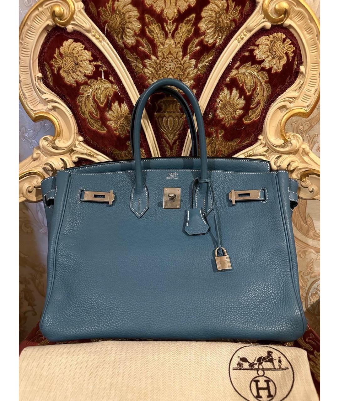 HERMES Голубая кожаная сумка с короткими ручками, фото 4