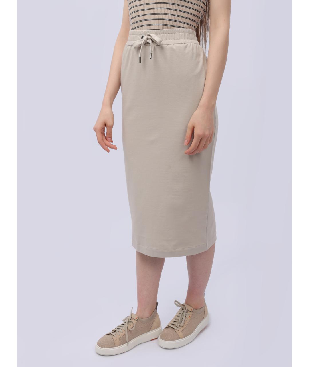BRUNELLO CUCINELLI Бежевая хлопко-эластановая юбка миди, фото 5