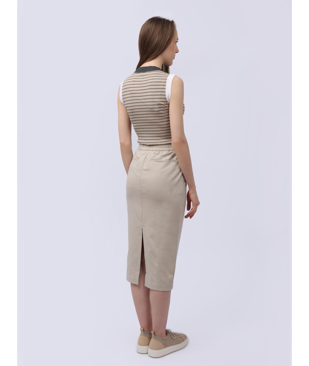 BRUNELLO CUCINELLI Бежевая хлопко-эластановая юбка миди, фото 7