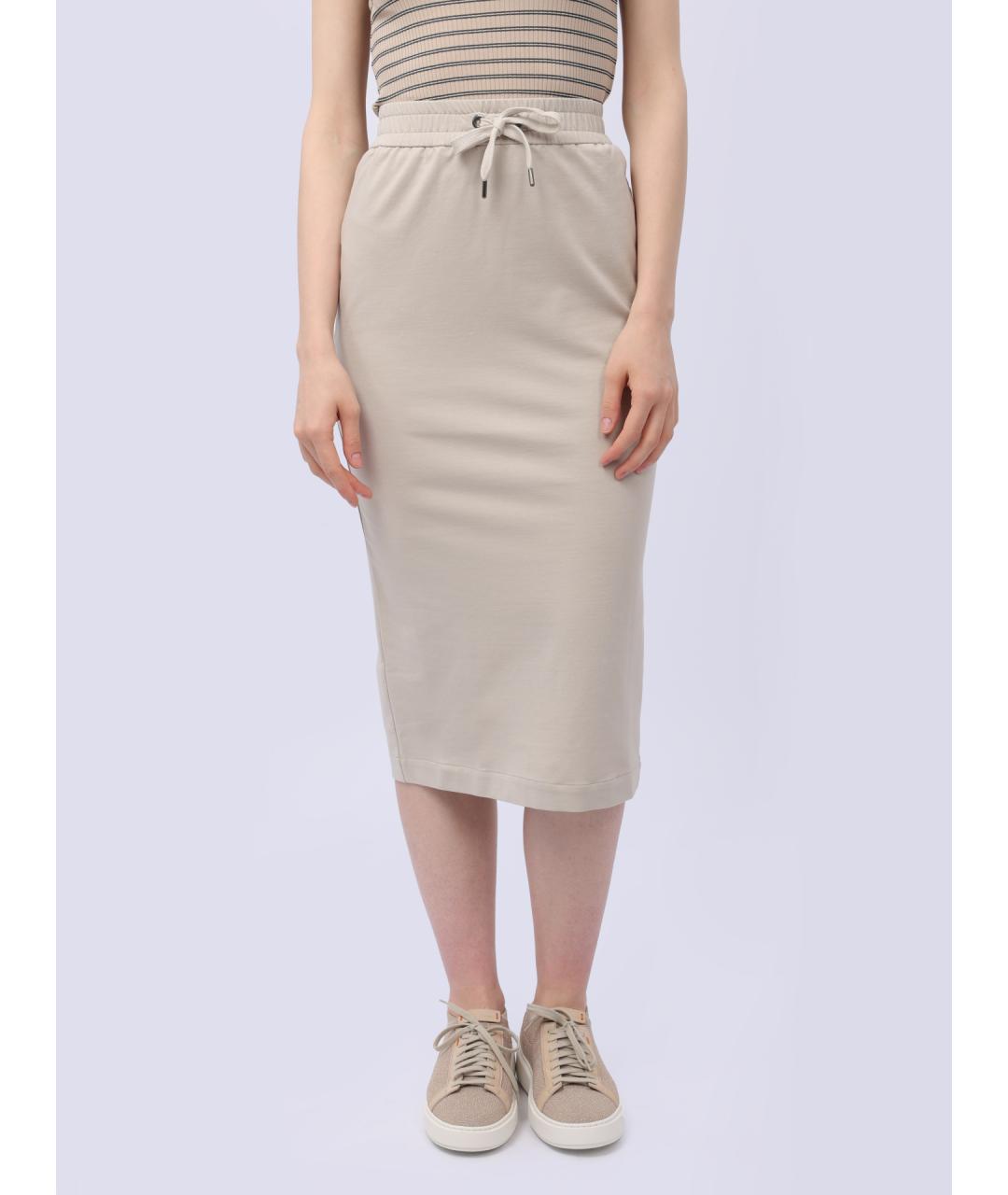 BRUNELLO CUCINELLI Бежевая хлопко-эластановая юбка миди, фото 3