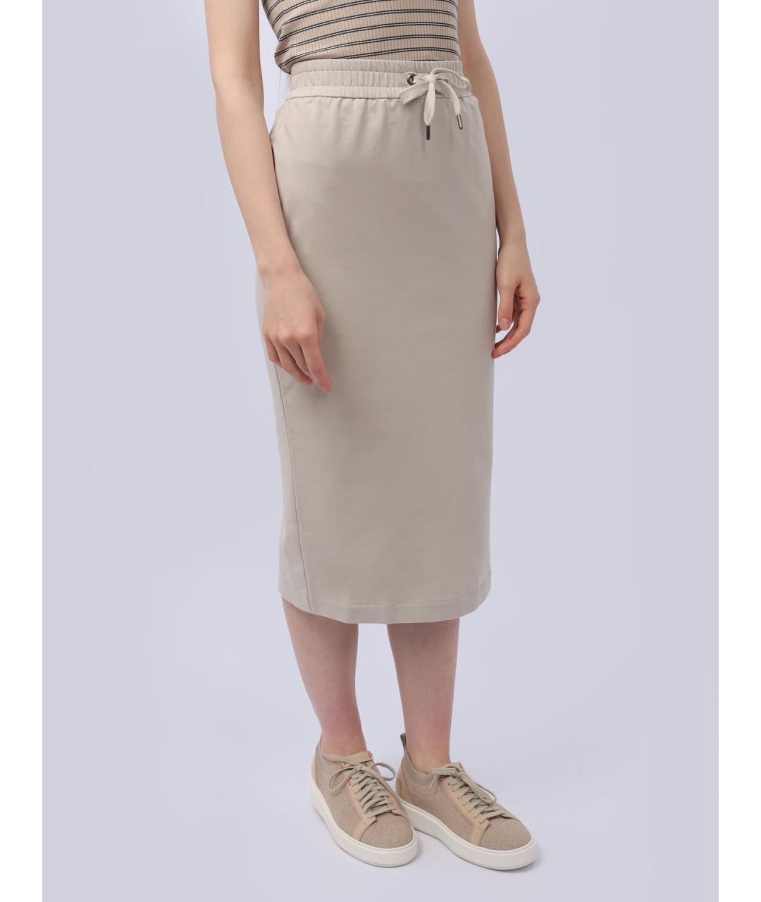 BRUNELLO CUCINELLI Бежевая хлопко-эластановая юбка миди, фото 6