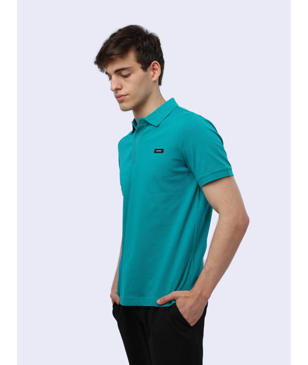 CALVIN KLEIN Бирюзовое хлопковое поло с коротким рукавом, фото 3