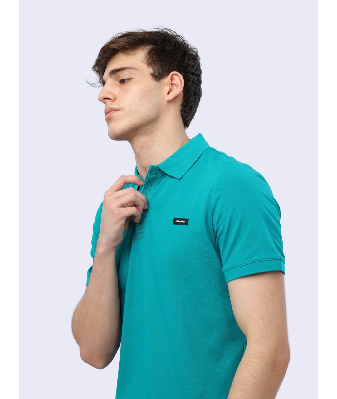 CALVIN KLEIN Бирюзовое хлопковое поло с коротким рукавом, фото 5