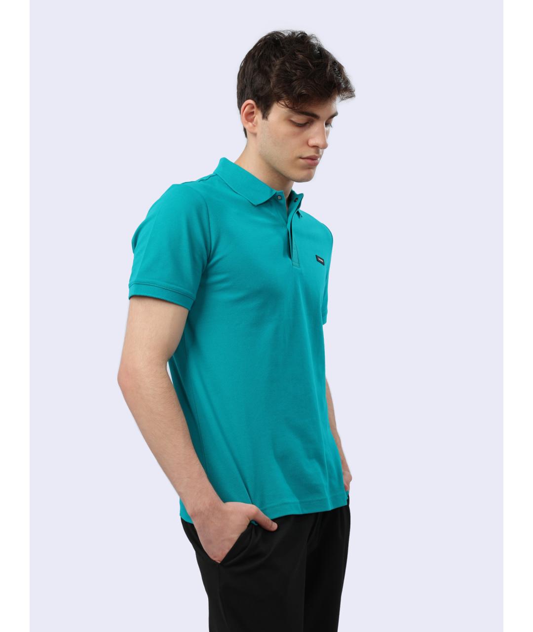 CALVIN KLEIN Бирюзовое хлопковое поло с коротким рукавом, фото 4