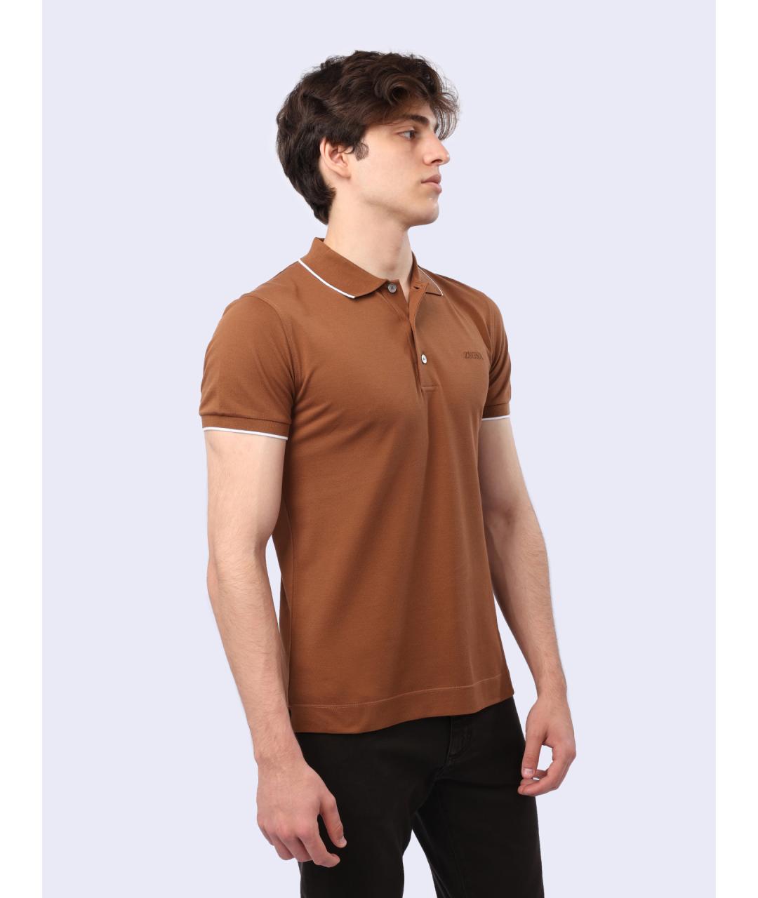 ZEGNA Коричневое хлопковое поло с коротким рукавом, фото 4