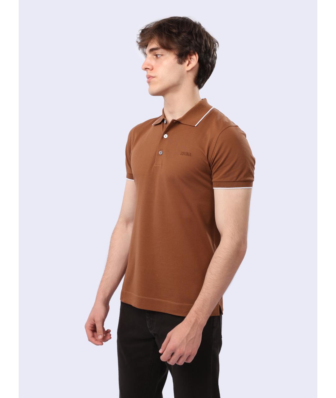 ZEGNA Коричневое хлопковое поло с коротким рукавом, фото 3