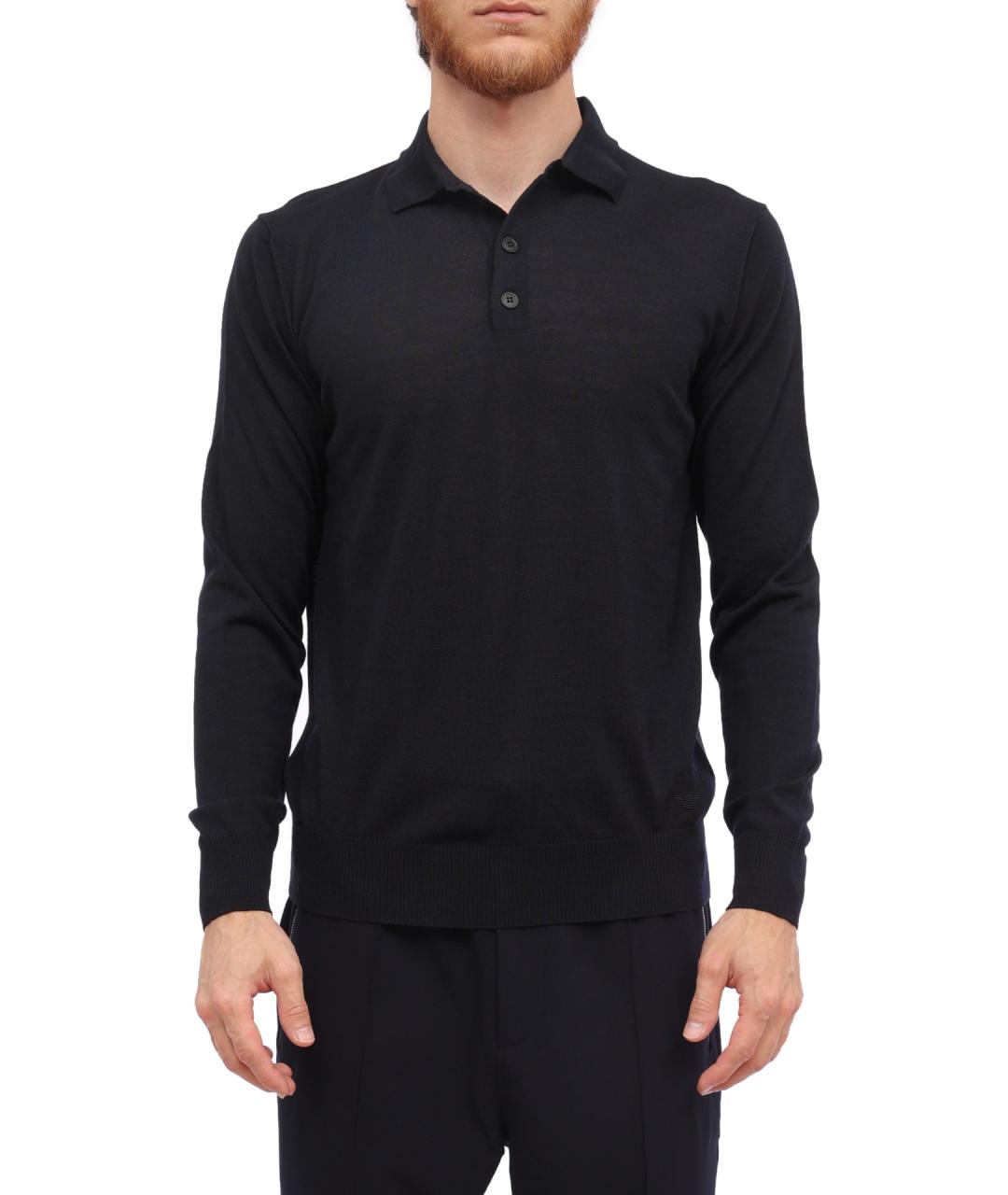 EMPORIO ARMANI Синее хлопко-шерстяное поло с длинным рукавом, фото 1
