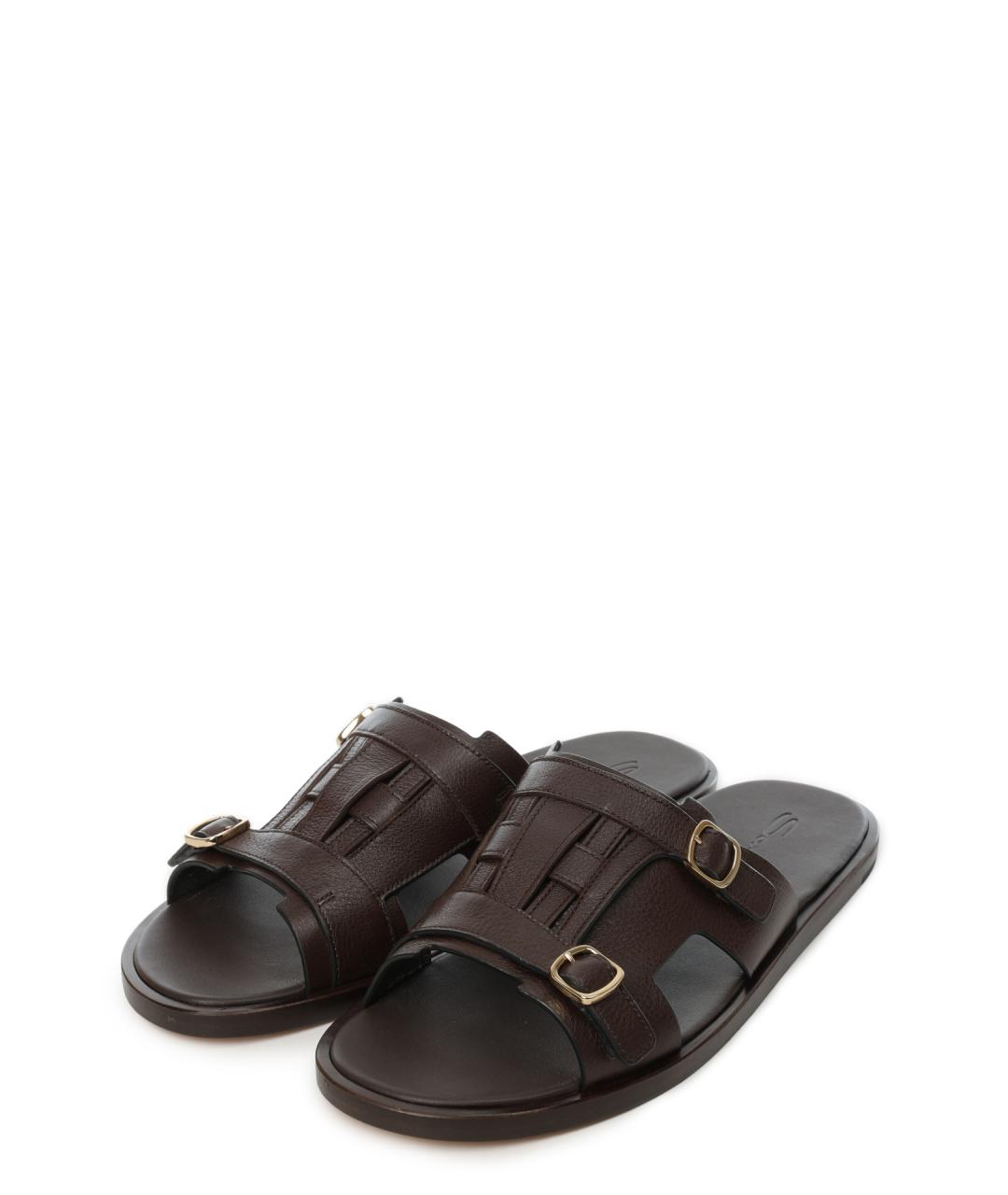 SANTONI Коричневые кожаные шлепанцы, фото 2