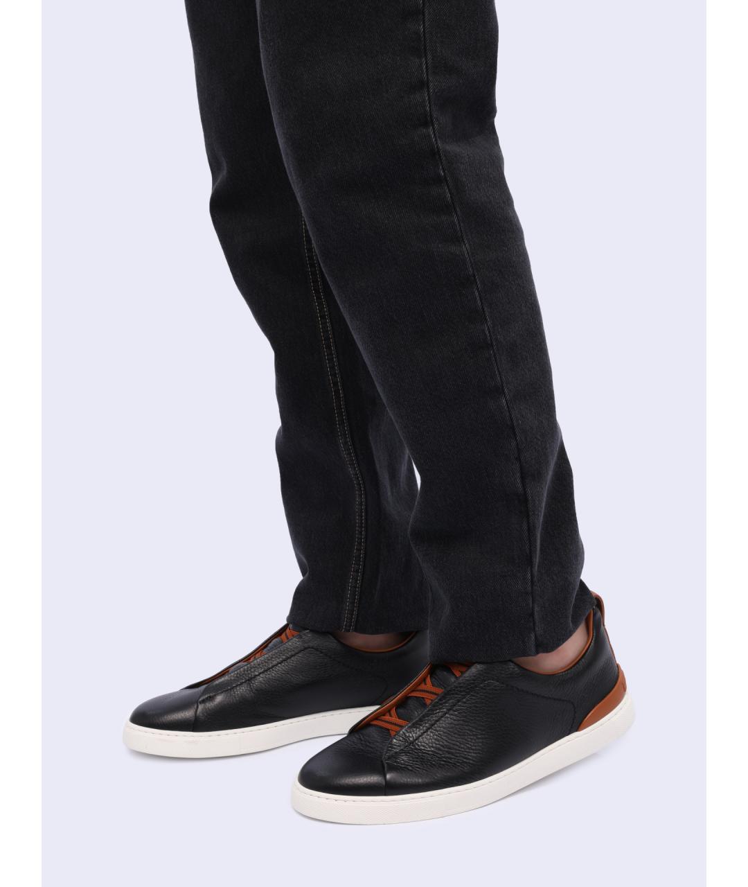ZEGNA Черные кожаные низкие кроссовки / кеды, фото 7