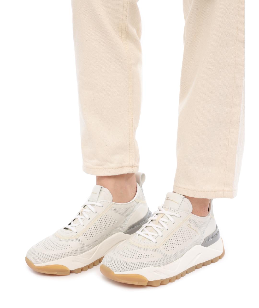 SANTONI Бежевые кожаные кроссовки, фото 7