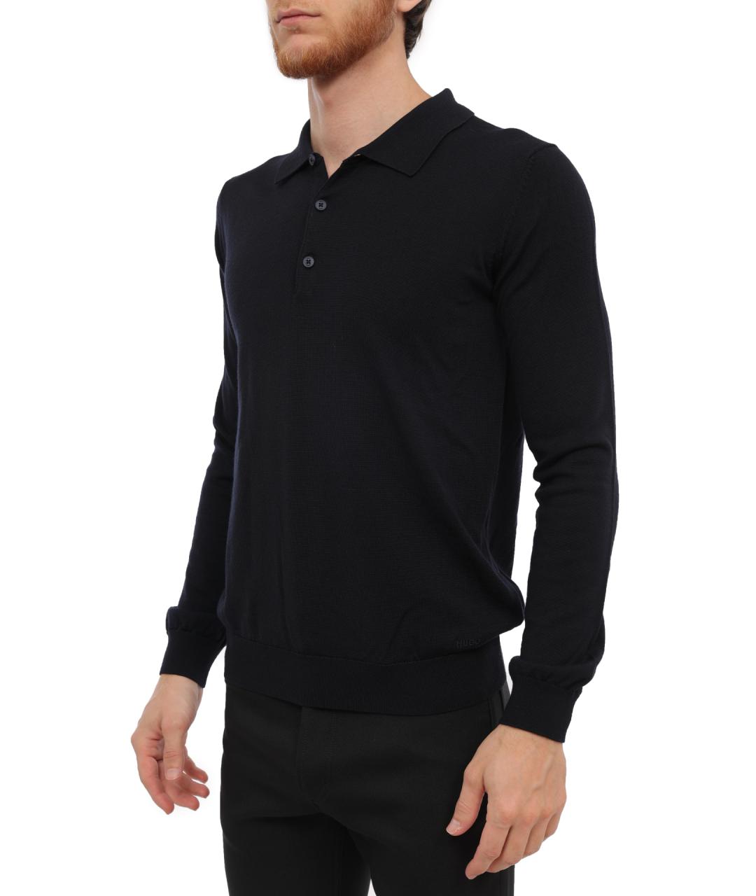 HUGO Темно-синее хлопко-шерстяное поло с длинным рукавом, фото 5