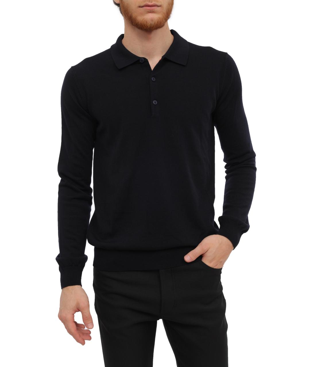 HUGO Темно-синее хлопко-шерстяное поло с длинным рукавом, фото 1