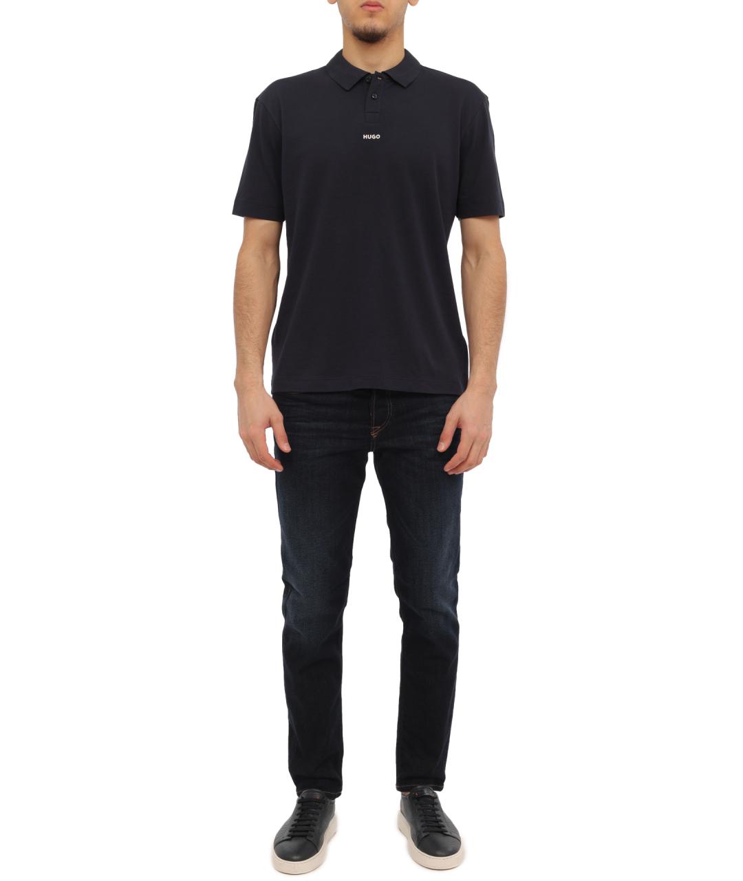 HUGO Темно-синее хлопковое поло с коротким рукавом, фото 2