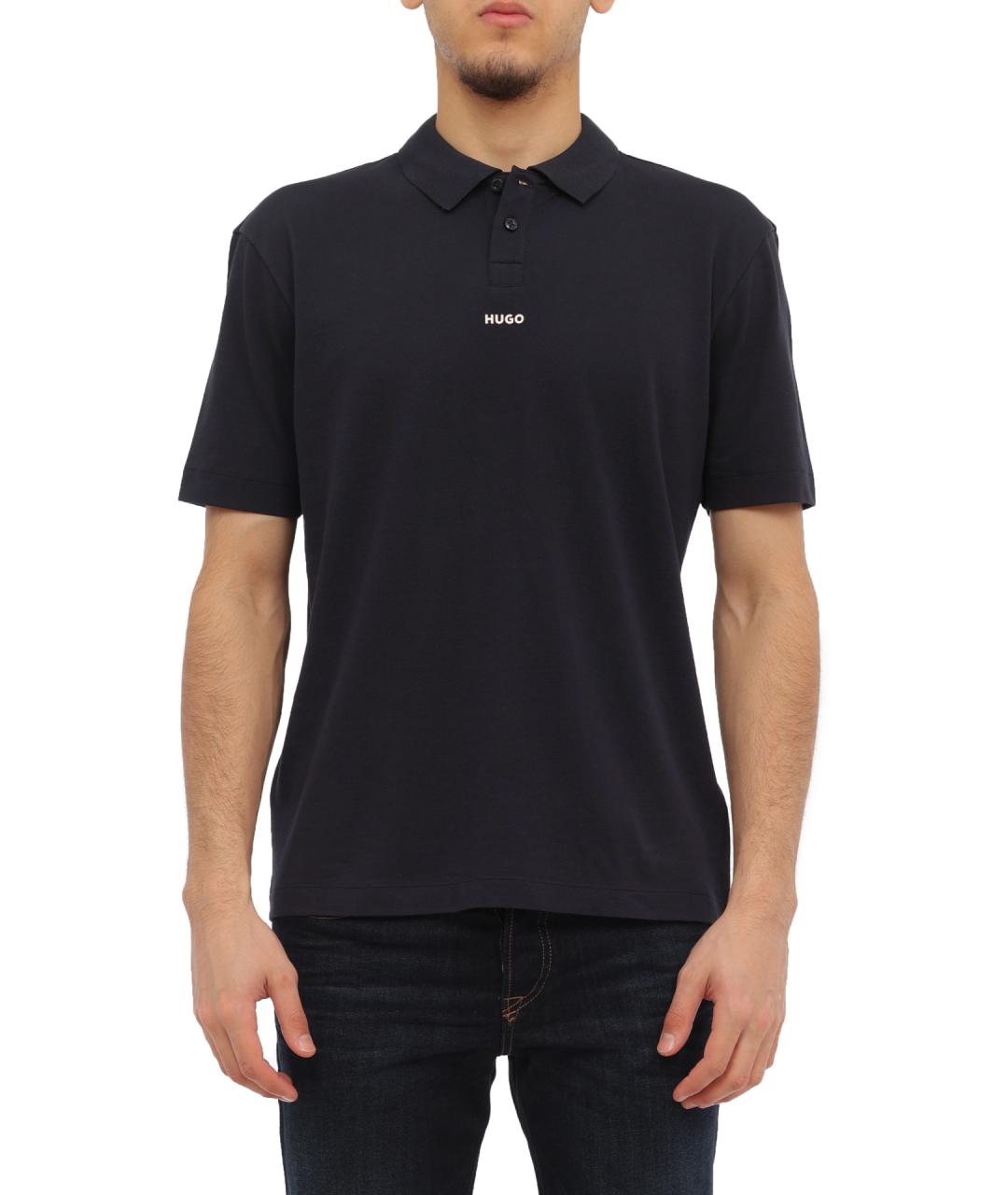 HUGO Темно-синее хлопковое поло с коротким рукавом, фото 1