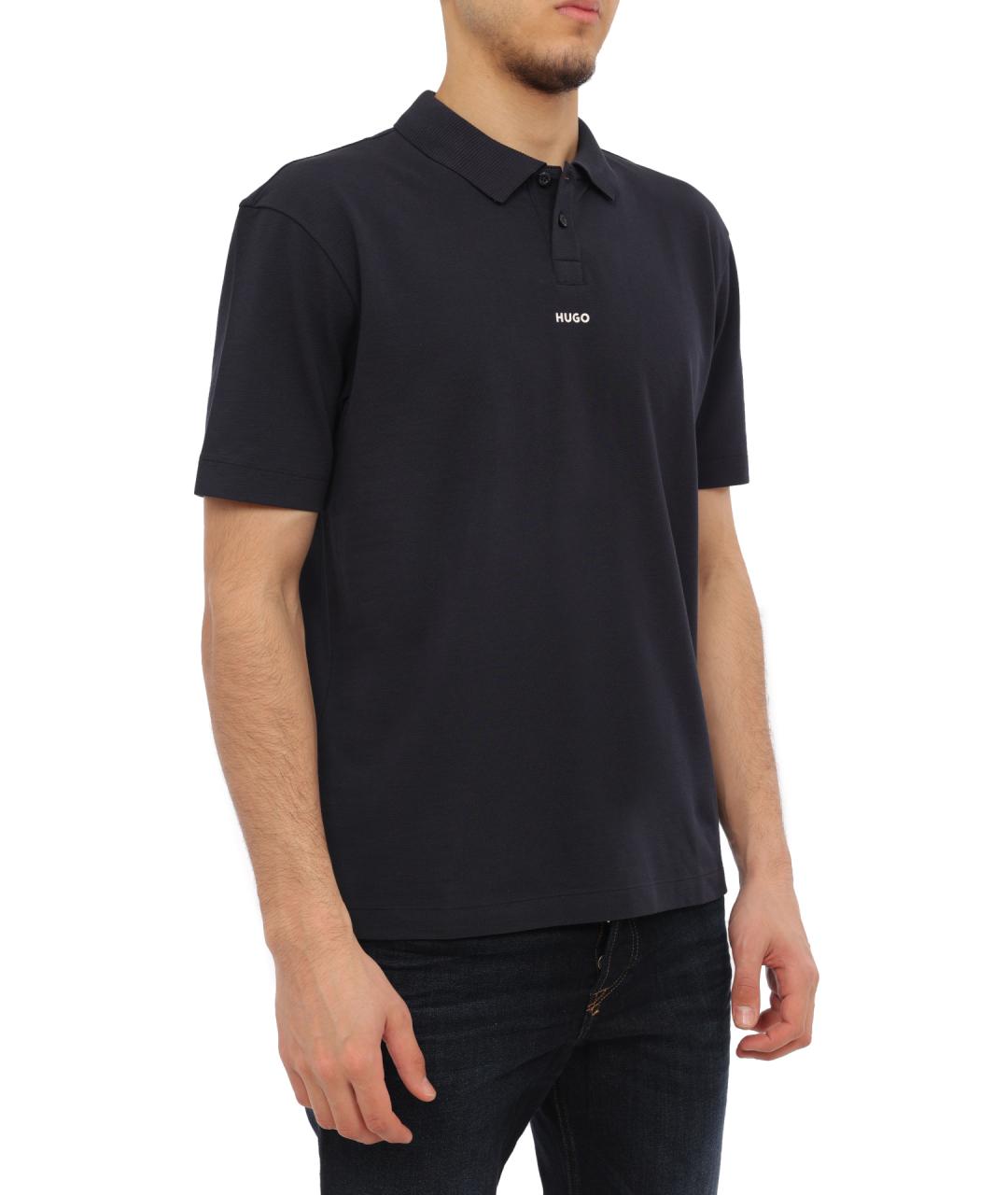 HUGO Темно-синее хлопковое поло с коротким рукавом, фото 4