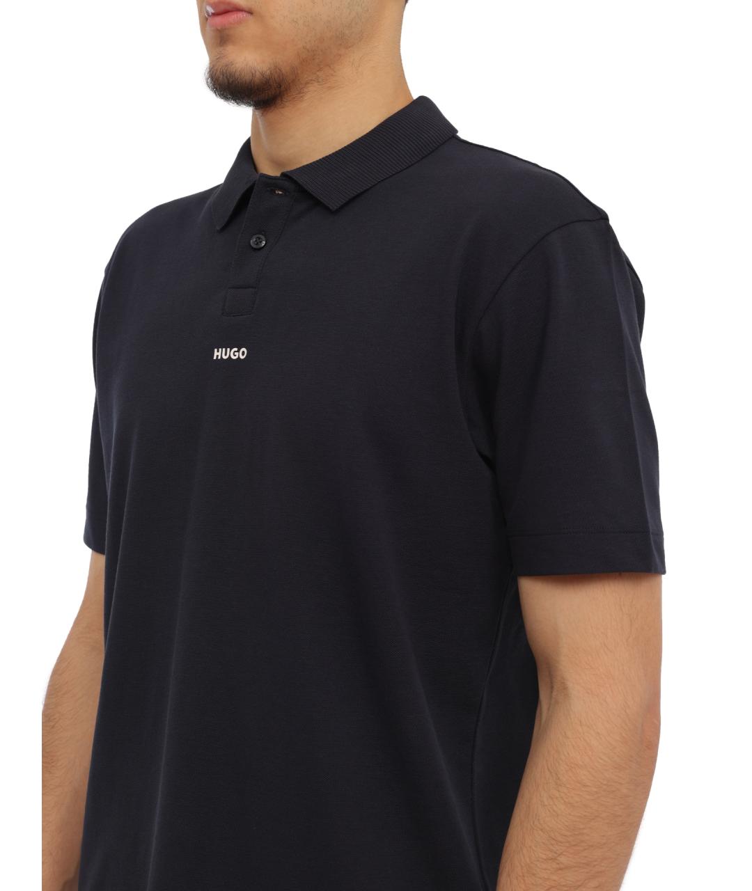 HUGO Темно-синее хлопковое поло с коротким рукавом, фото 3