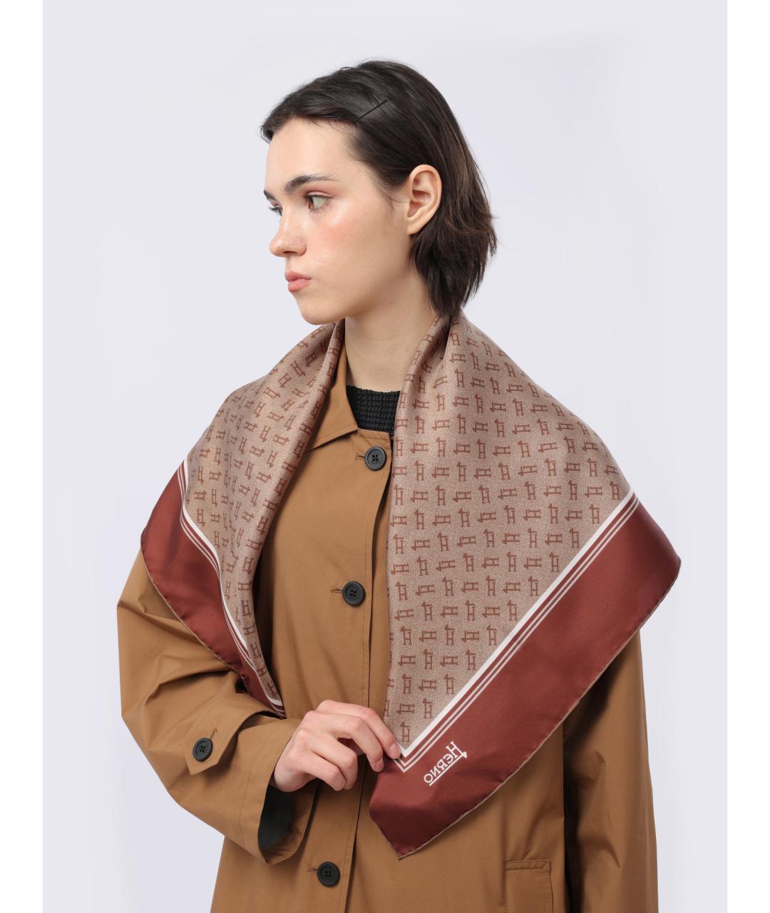 HERNO Коричневый шелковый платок, фото 2