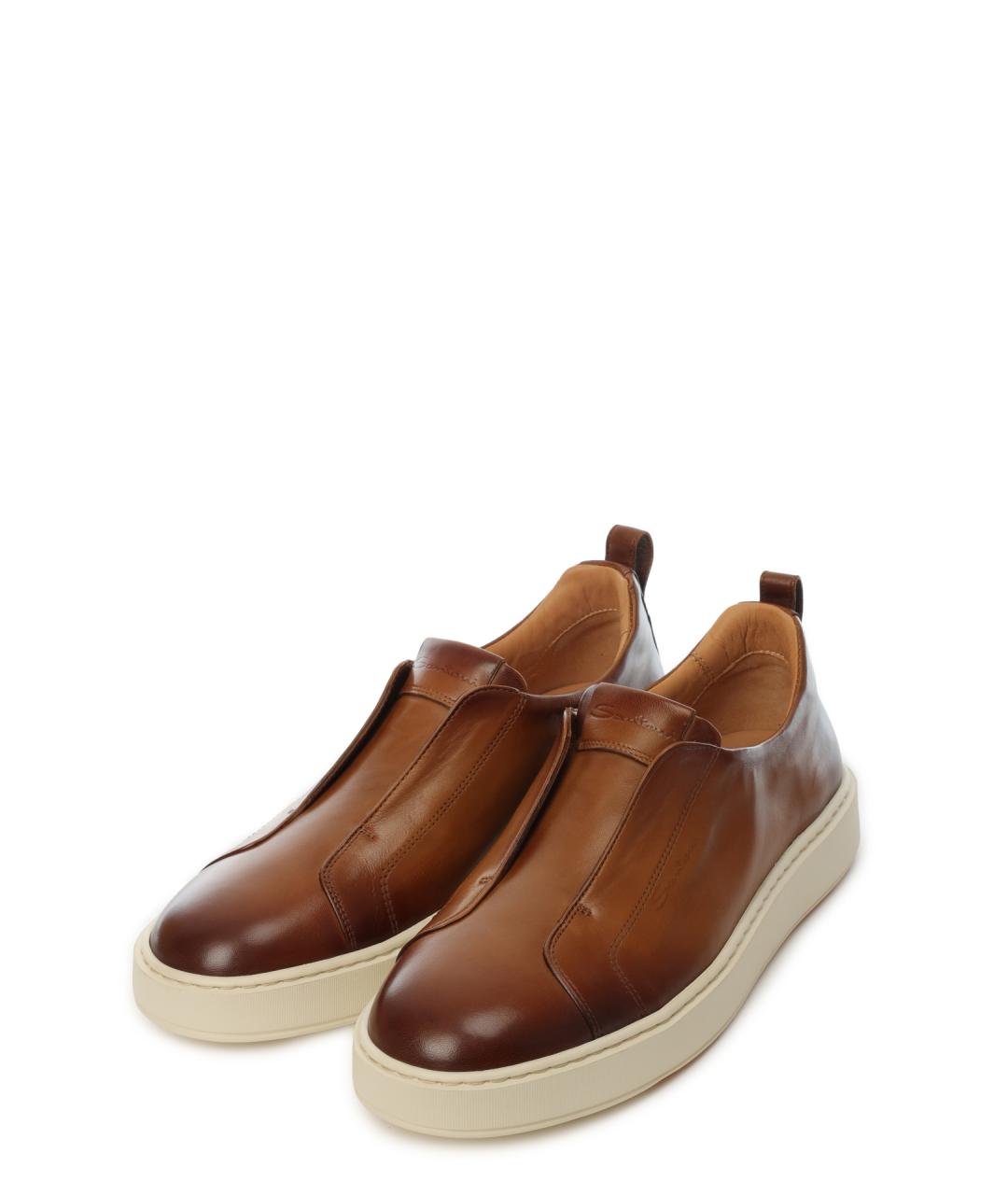 SANTONI Коричневые кожаные низкие кроссовки / кеды, фото 2