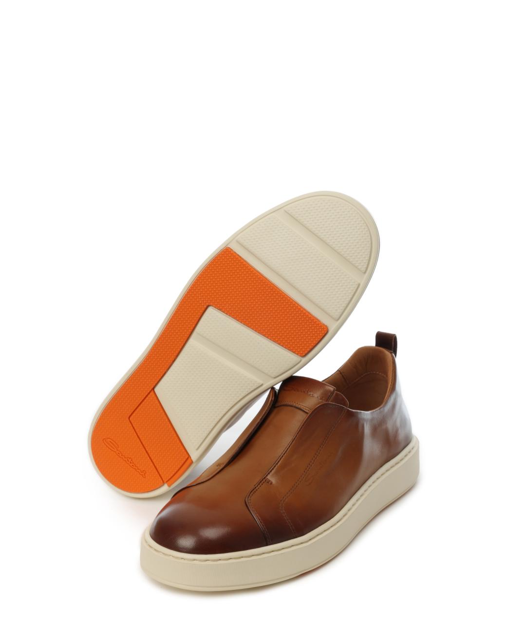 SANTONI Коричневые кожаные низкие кроссовки / кеды, фото 5