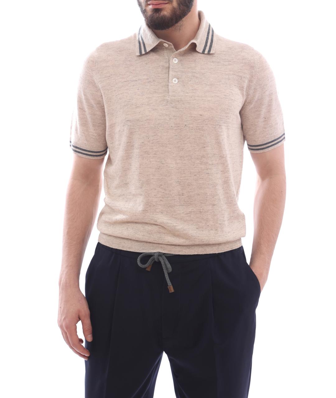 BRUNELLO CUCINELLI Бежевое хлопковое поло с коротким рукавом, фото 1