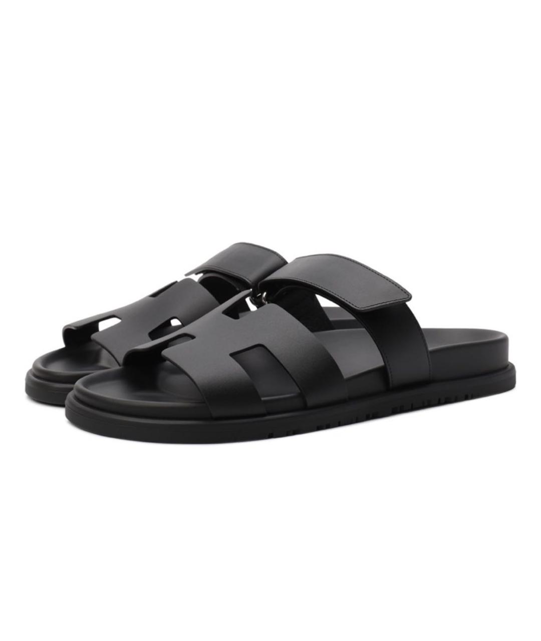 HERMES Черные кожаные шлепанцы, фото 4