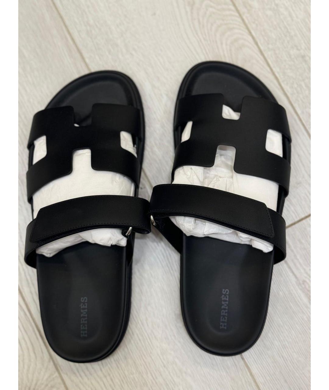 HERMES Черные кожаные шлепанцы, фото 2