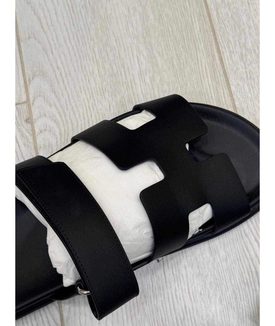 HERMES Черные кожаные шлепанцы, фото 3