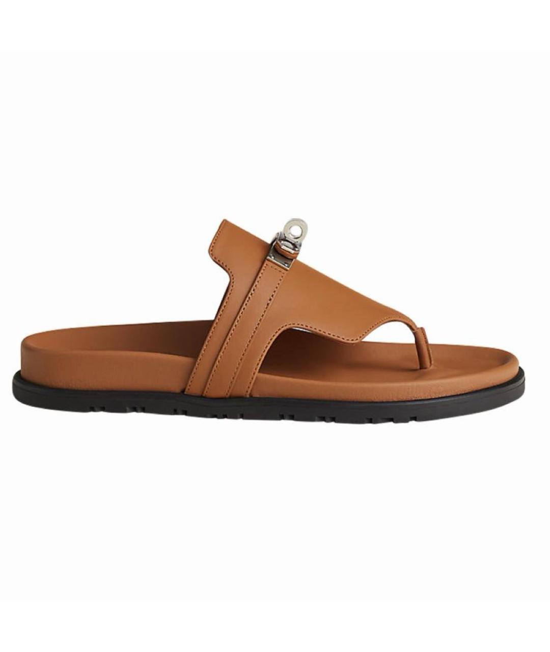 HERMES Коричневые кожаные шлепанцы, фото 3