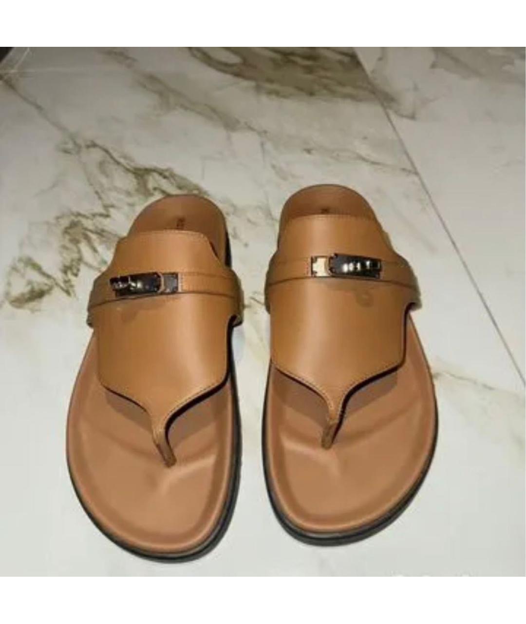 HERMES Коричневые кожаные шлепанцы, фото 2