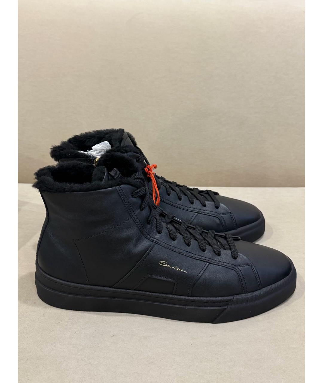 SANTONI Черные кожаные высокие кроссовки / кеды, фото 7