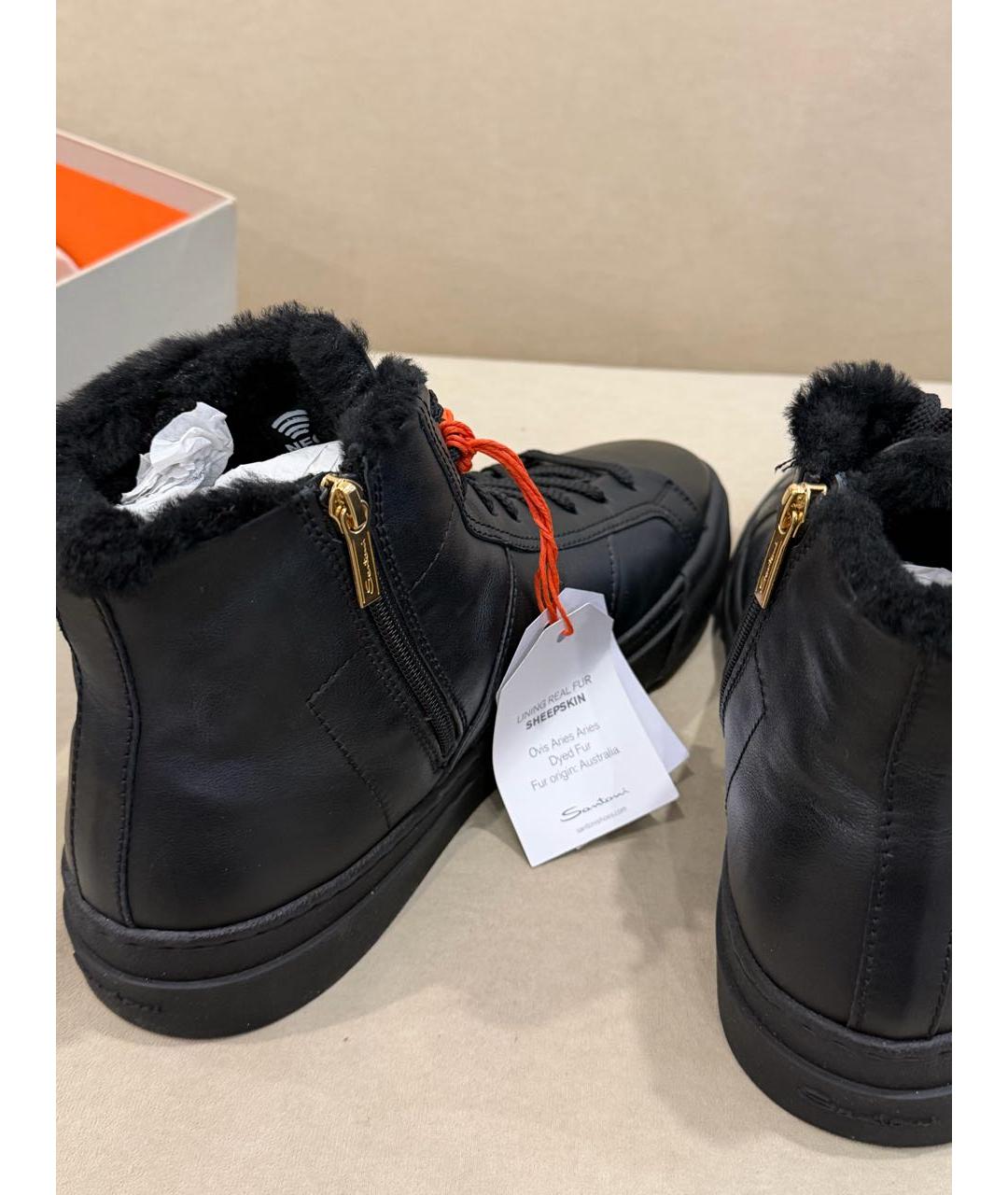 SANTONI Черные кожаные высокие кроссовки / кеды, фото 5