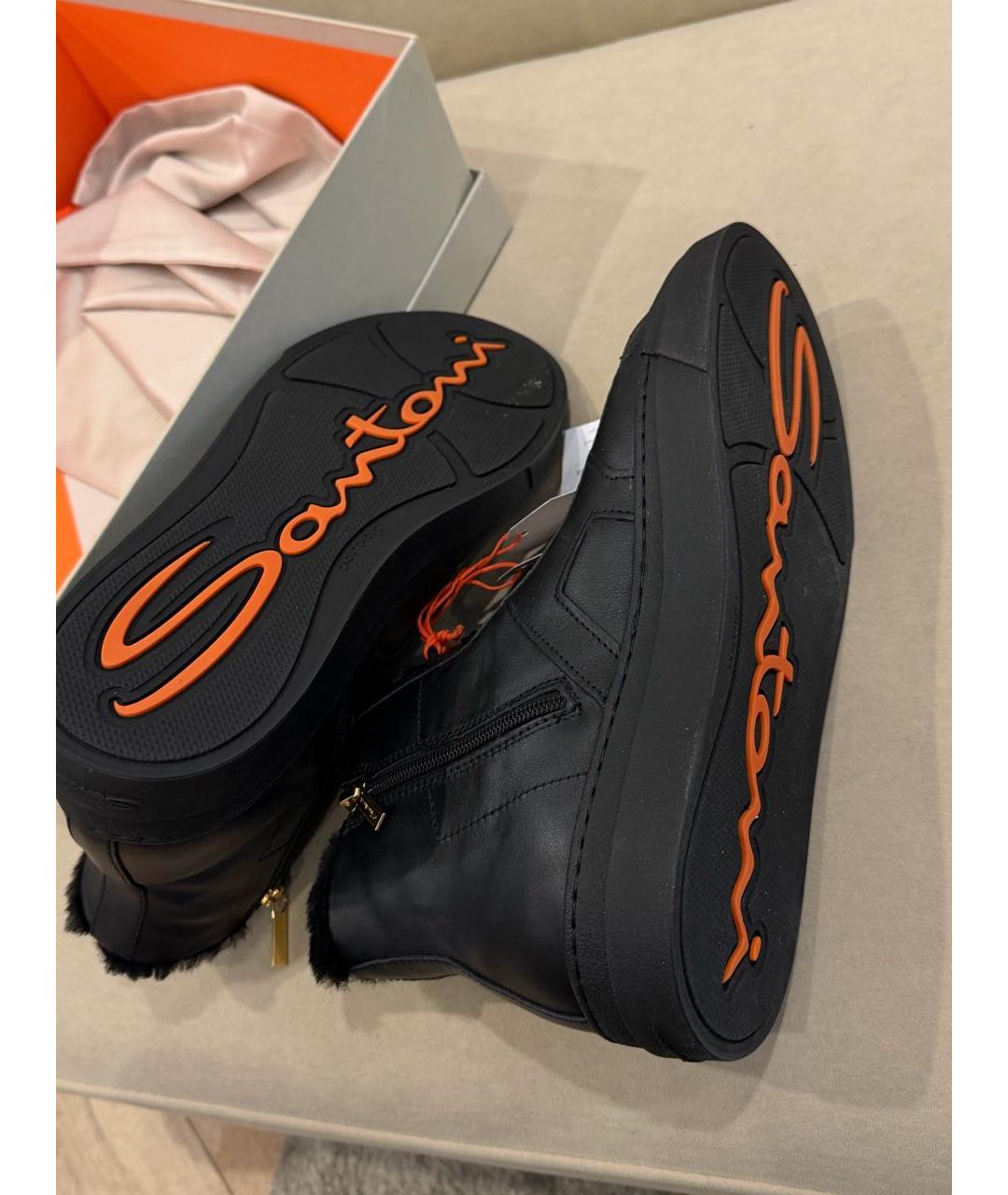 SANTONI Черные кожаные высокие кроссовки / кеды, фото 6