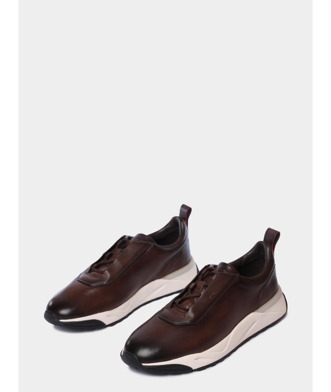 SANTONI Коричневые кожаные низкие кроссовки / кеды, фото 2