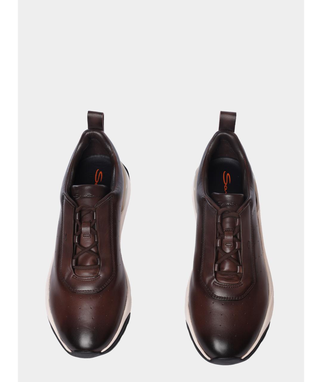 SANTONI Коричневые кожаные низкие кроссовки / кеды, фото 3